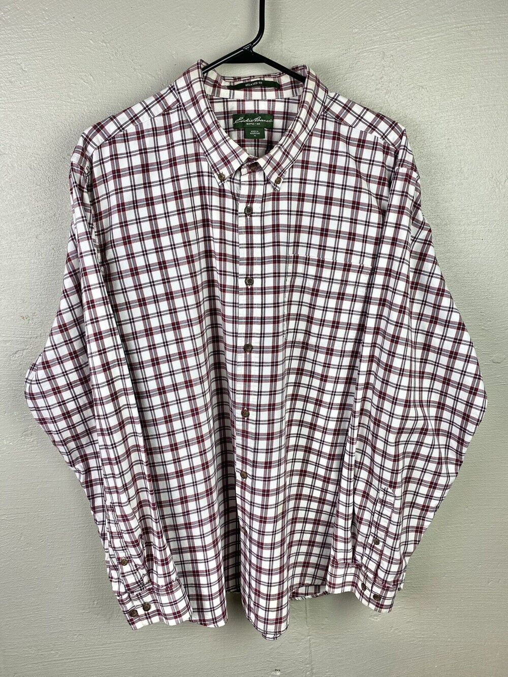 Eddie Bauer Men’s Red, White & Black Plaid Button Down Shirt Size XL Relaxed Fit